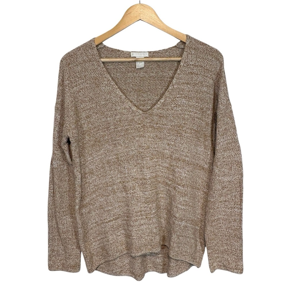 H&M Womens V-Neck Knit Sweater Tan Marled High-Low Hem Boho Neutral Minimalist S